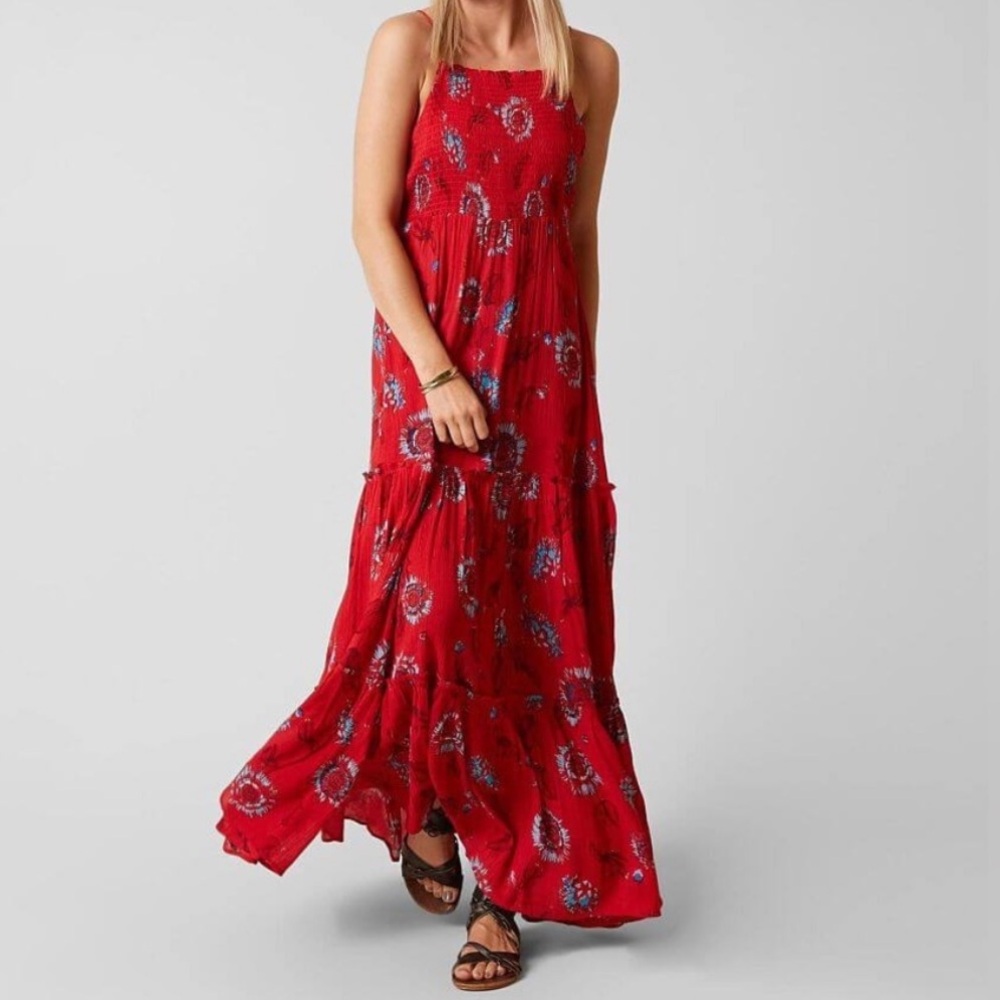 Intimately Free People Garden Party Maxi Dress Tiered Red Floral Tie Straps